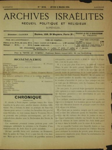 Archives israélites de France. Vol.96 N°60-61 (08 mars 1934)